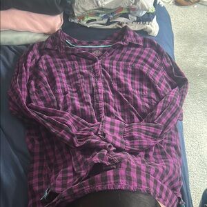 Purple and Black Plaid Button Down Shirt with Long Sleeves